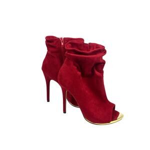 Chic Red Faux Suede Peep Toe Slouchy Booties Heels: 7.5